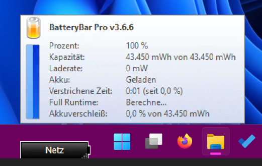 Battery Bar Pro im Floating Modus in der Windows 11 Taskleiste