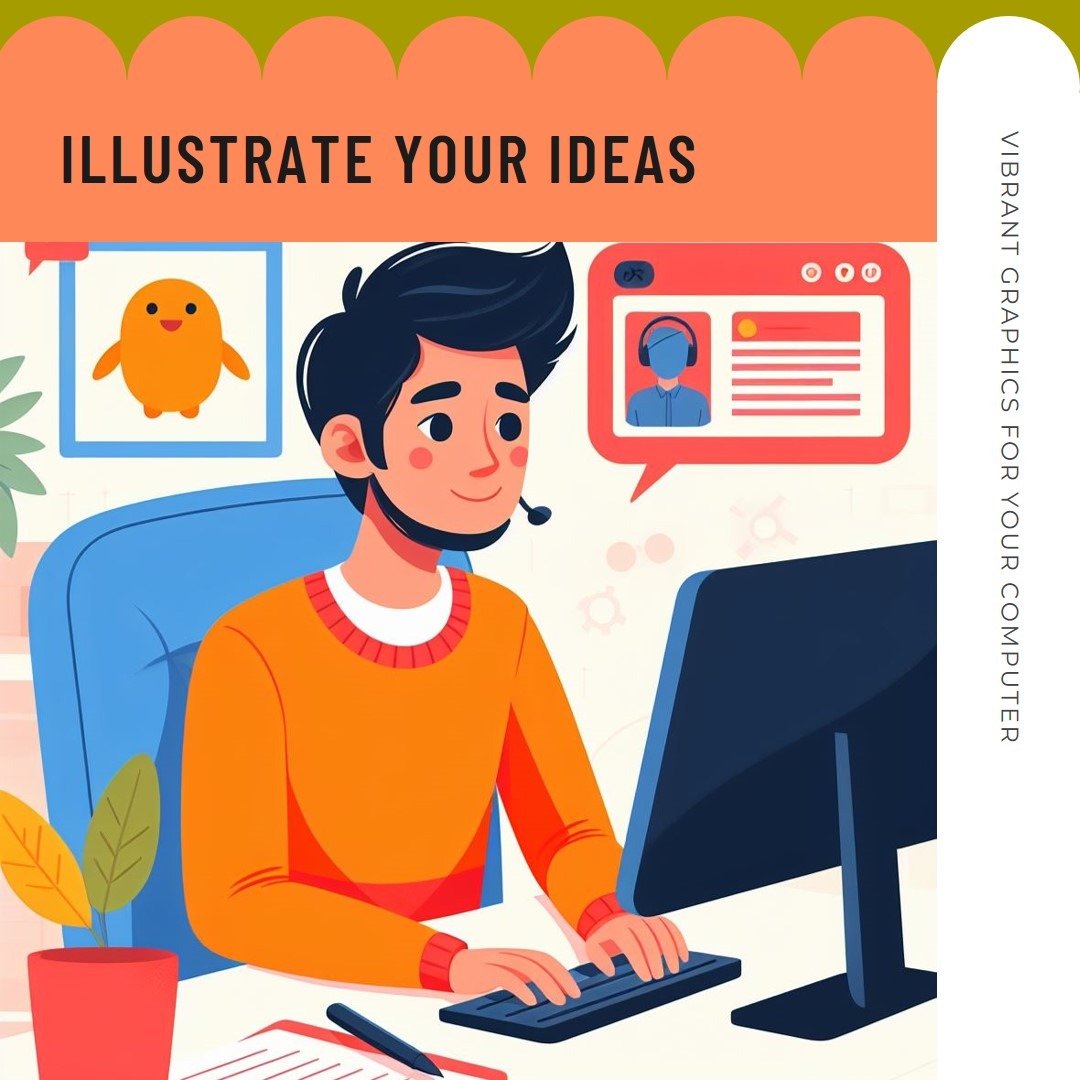 flat illustration of a guy sitting in front of his computer, bright colors, graphic